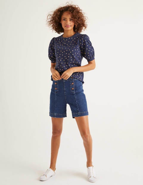 Zoe Gathered Sleeve Jersey Tee - Navy/Gold, Polka Spot Zoe Gathered Sleeve Jersey Tee - Navy/Gold, Polka Spot