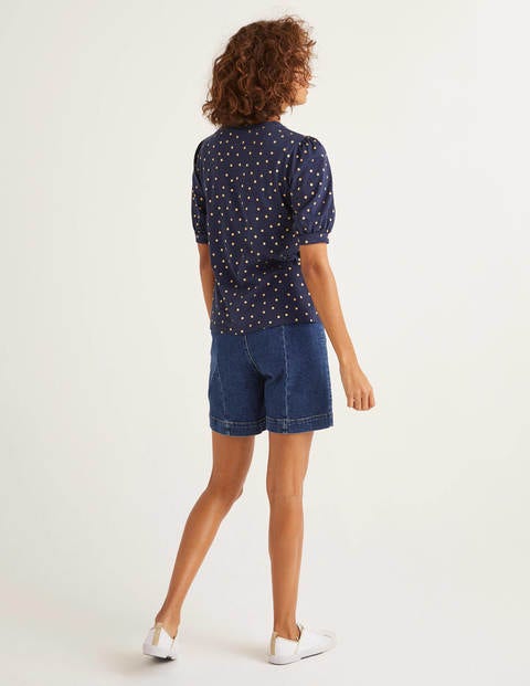 Zoe Gathered Sleeve Jersey Tee - Navy/Gold, Polka Spot Zoe Gathered Sleeve Jersey Tee - Navy/Gold, Polka Spot
