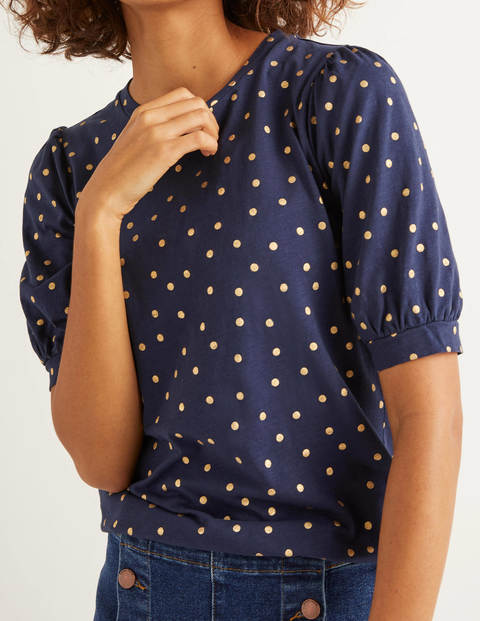 Zoe Gathered Sleeve Jersey Tee - Navy/Gold, Polka Spot Zoe Gathered Sleeve Jersey Tee - Navy/Gold, Polka Spot