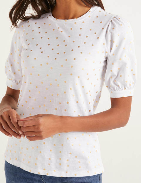 Zoe Jersey-T-Shirt mit gerafften Ärmeln - Weiß/Gold, Polkatupfen Zoe Jersey-T-Shirt mit gerafften Ärmeln - Weiß/Gold, Polkatupfen