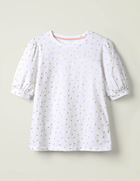 Zoe Jersey-T-Shirt mit gerafften Ärmeln - Weiß/Gold, Polkatupfen Zoe Jersey-T-Shirt mit gerafften Ärmeln - Weiß/Gold, Polkatupfen