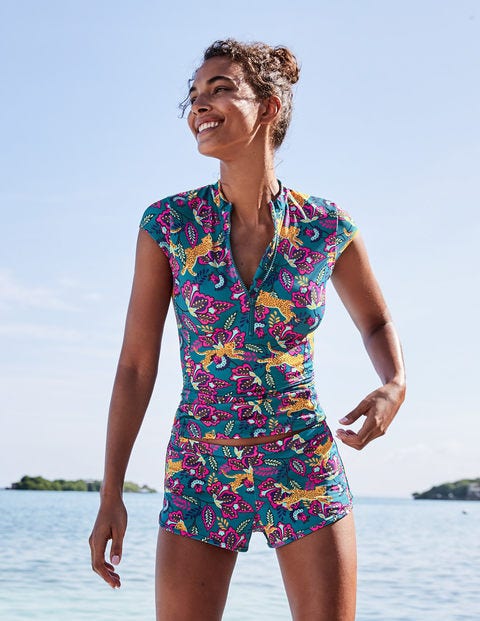 Piping Swim Shorts - Vibrant Teal, Cheetah Bloom Piping Swim Shorts - Vibrant Teal, Cheetah Bloom