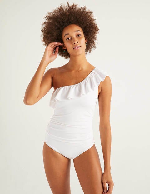 Frill One Shoulder Swimsuit - White Frill One Shoulder Swimsuit - White