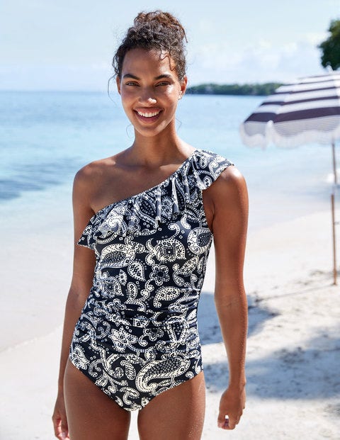 Frill One Shoulder Swimsuit - Navy, Spotty Paisley Frill One Shoulder Swimsuit - Navy, Spotty Paisley