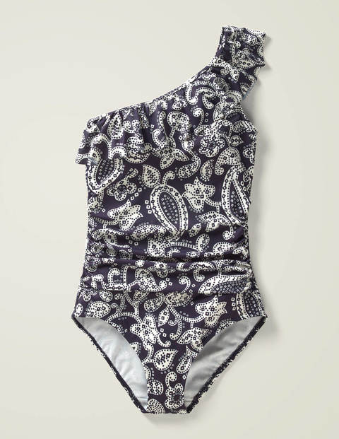Frill One Shoulder Swimsuit - Navy, Spotty Paisley Frill One Shoulder Swimsuit - Navy, Spotty Paisley