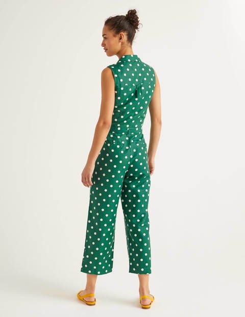 Revere Collar Jumpsuit - Forest, Linear Brand Spot Revere Collar Jumpsuit - Forest, Linear Brand Spot