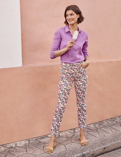 Printed Straight Jeans - Ivory and Rouge, Jungle Bloom Printed Straight Jeans - Ivory and Rouge, Jungle Bloom