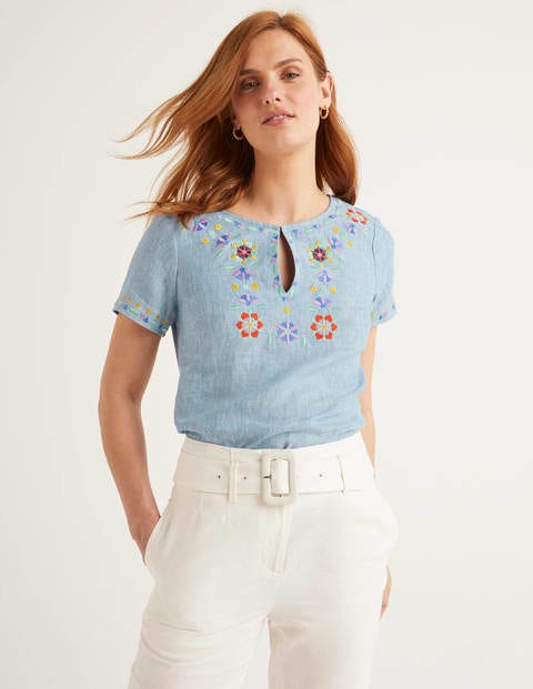 Laura Linen Embroidered Top - Chambray Laura Linen Embroidered Top - Chambray