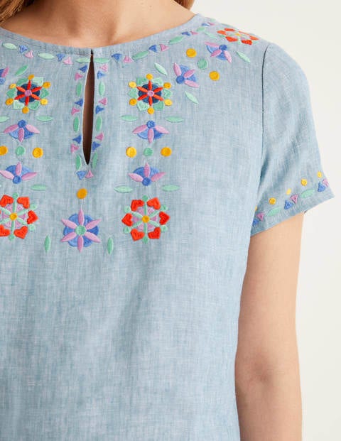 Laura Linen Embroidered Top - Chambray Laura Linen Embroidered Top - Chambray