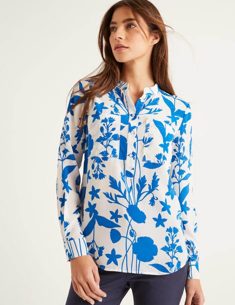 Silk Collarless Blouse - Ivory, Garden Charm Silk Collarless Blouse - Ivory, Garden Charm