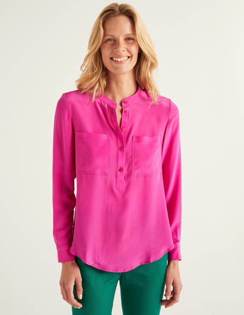 Silk Collarless Blouse - Pop Pansy Silk Collarless Blouse - Pop Pansy