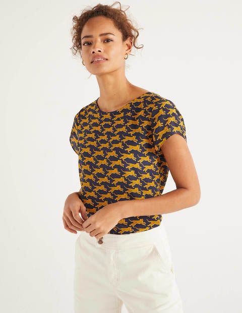 Polly Silk T-Shirt - Navy, Spotted Cheetah Polly Silk T-Shirt - Navy, Spotted Cheetah