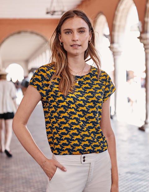 Polly Silk T-Shirt - Navy, Spotted Cheetah Polly Silk T-Shirt - Navy, Spotted Cheetah
