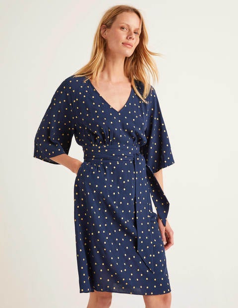 Dominique Kleid mit Gürtel - Navy, Polka-Tupfen Dominique Kleid mit Gürtel - Navy, Polka-Tupfen