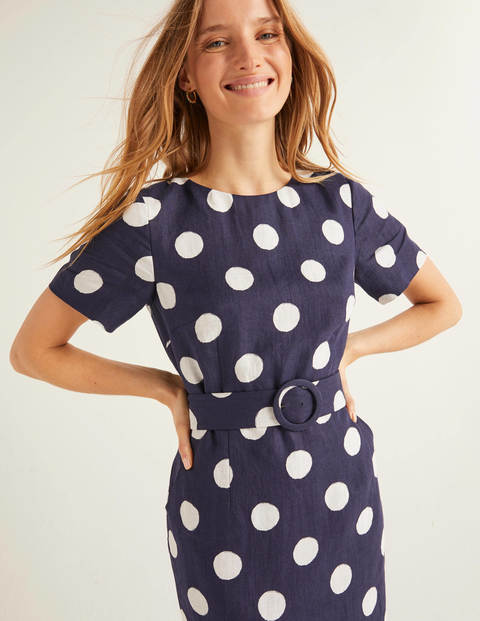 Hazel Leinenkleid Mit Gürtel - Französisches Navy, Boden-Tupfen Hazel Leinenkleid Mit Gürtel - Französisches Navy, Boden-Tupfen