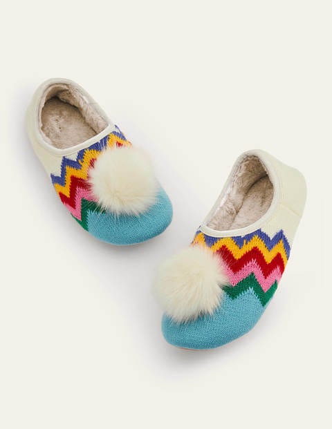 Pantoletten mit Bommeln - Eisblau, Fair-Isle-Muster Pantoletten mit Bommeln - Eisblau, Fair-Isle-Muster