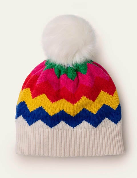Fair-Isle-Mütze - Ecru/Regenbogen, Zickzackmuster Fair-Isle-Mütze - Ecru/Regenbogen, Zickzackmuster