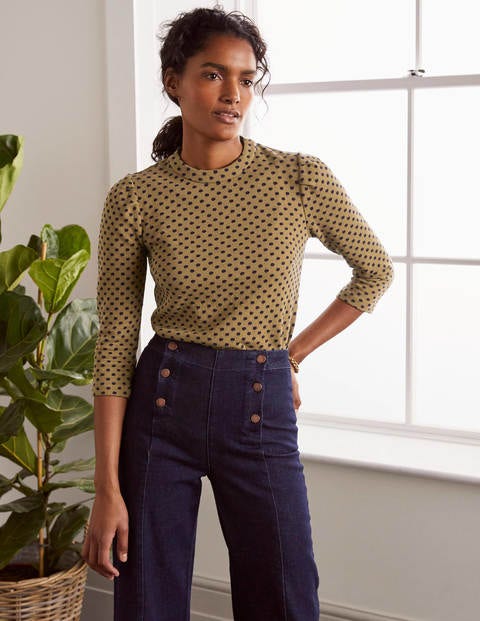 Aria Jacquard-Oberteil aus Jersey - Kamelbraun/Navy, Jacquardtupfen Aria Jacquard-Oberteil aus Jersey - Kamelbraun/Navy, Jacquardtupfen