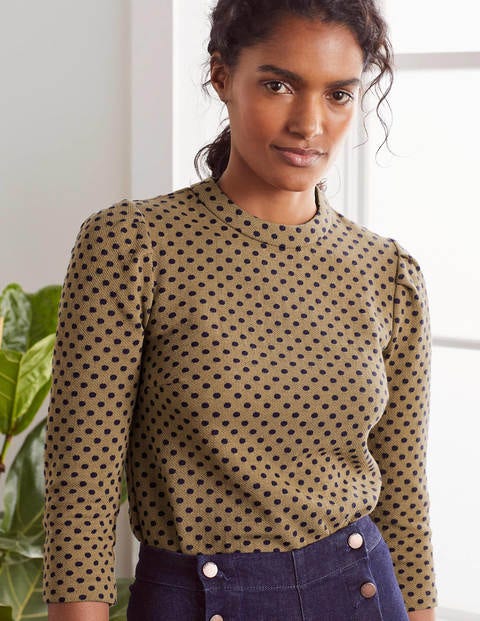 Aria Jacquard-Oberteil aus Jersey - Kamelbraun/Navy, Jacquardtupfen Aria Jacquard-Oberteil aus Jersey - Kamelbraun/Navy, Jacquardtupfen