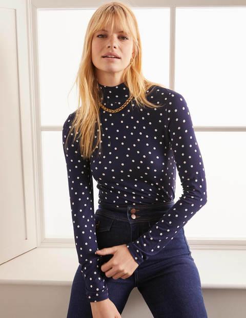 Evie Jersey Polo Neck Top - Navy/Ivory, Scattered Spot Evie Jersey Polo Neck Top - Navy/Ivory, Scattered Spot