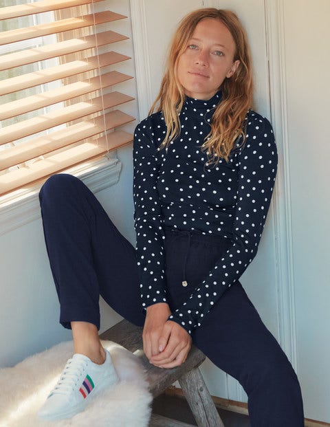 Evie Jersey Polo Neck Top - Navy/Ivory, Scattered Spot Evie Jersey Polo Neck Top - Navy/Ivory, Scattered Spot
