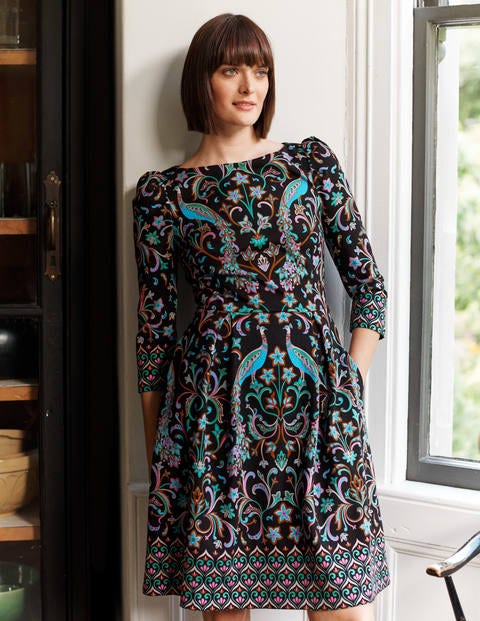 Marie Ponte Dress Black Fanciful Peacock Boden Uk