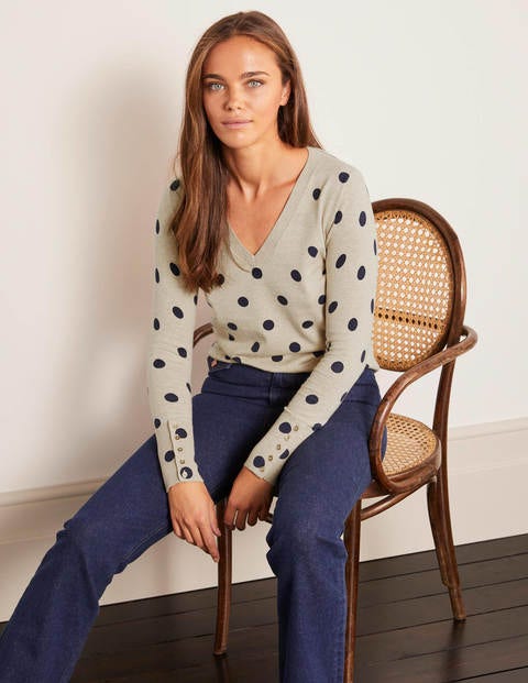 Eldon Cotton V-neck Jumper - Chinchilla, Linear Spot Small Eldon Cotton V-neck Jumper - Chinchilla, Linear Spot Small