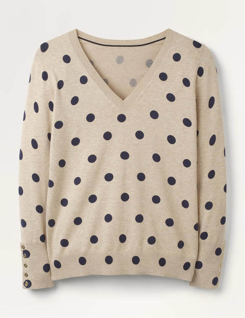 Eldon Cotton V-neck Jumper - Chinchilla, Linear Spot Small Eldon Cotton V-neck Jumper - Chinchilla, Linear Spot Small