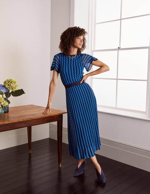 Rowan Pointelle Knitted Dress - Moroccan Blue and Navy Stripe Rowan Pointelle Knitted Dress - Moroccan Blue and Navy Stripe