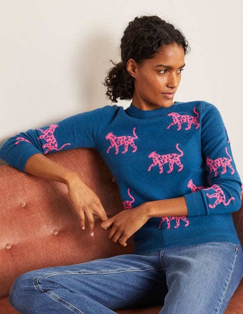 Pull col rond en cachemire - Sarcelle profond, motif guépard Pull col rond en cachemire - Sarcelle profond, motif guépard