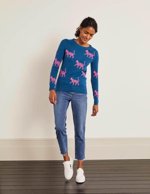 Pull col rond en cachemire - Sarcelle profond, motif guépard Pull col rond en cachemire - Sarcelle profond, motif guépard