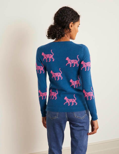 Pull col rond en cachemire - Sarcelle profond, motif guépard Pull col rond en cachemire - Sarcelle profond, motif guépard