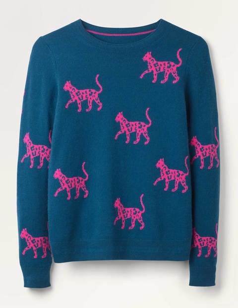 Pull col rond en cachemire - Sarcelle profond, motif guépard Pull col rond en cachemire - Sarcelle profond, motif guépard