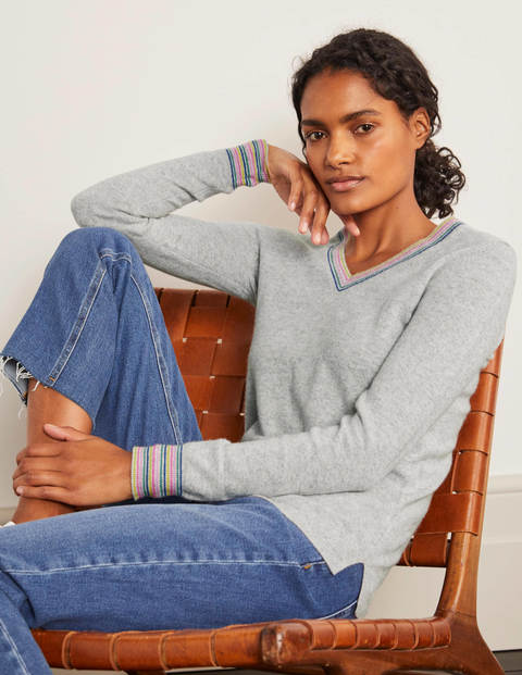 Cashmere V-neck Sweater - Grey Melange, Multi Stripe Cashmere V-neck Sweater - Grey Melange, Multi Stripe
