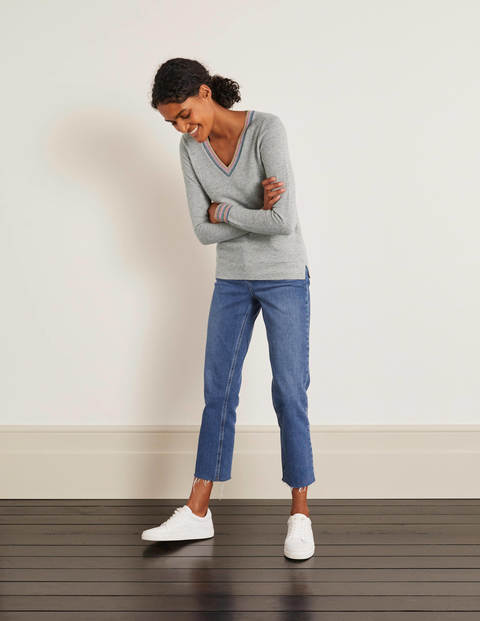 Cashmere V-neck Sweater - Grey Melange, Multi Stripe Cashmere V-neck Sweater - Grey Melange, Multi Stripe