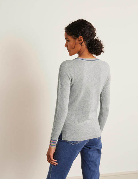 Cashmere V-neck Sweater - Grey Melange, Multi Stripe Cashmere V-neck Sweater - Grey Melange, Multi Stripe
