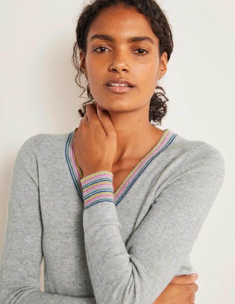 Cashmere V-neck Sweater - Grey Melange, Multi Stripe Cashmere V-neck Sweater - Grey Melange, Multi Stripe