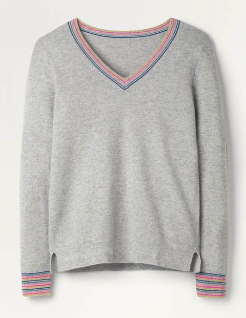 Cashmere V-neck Sweater - Grey Melange, Multi Stripe Cashmere V-neck Sweater - Grey Melange, Multi Stripe