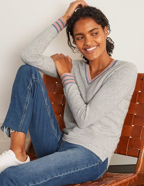 Cashmere V-neck Sweater - Grey Melange, Multi Stripe Cashmere V-neck Sweater - Grey Melange, Multi Stripe