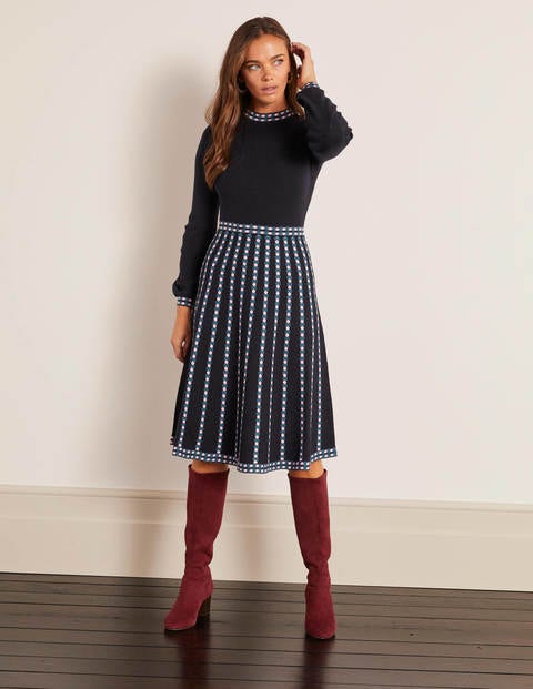 Dollie Knitted Dress - Navy, Linear Dot Dollie Knitted Dress - Navy, Linear Dot