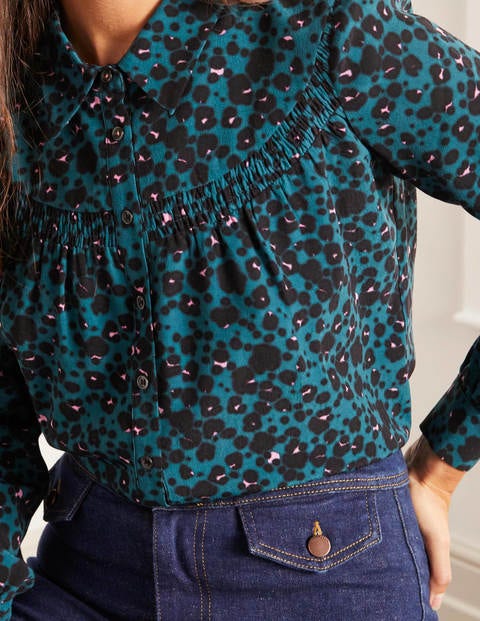 Penelope Smocked Shirt - Deep Forest, Wild Leopard Penelope Smocked Shirt - Deep Forest, Wild Leopard