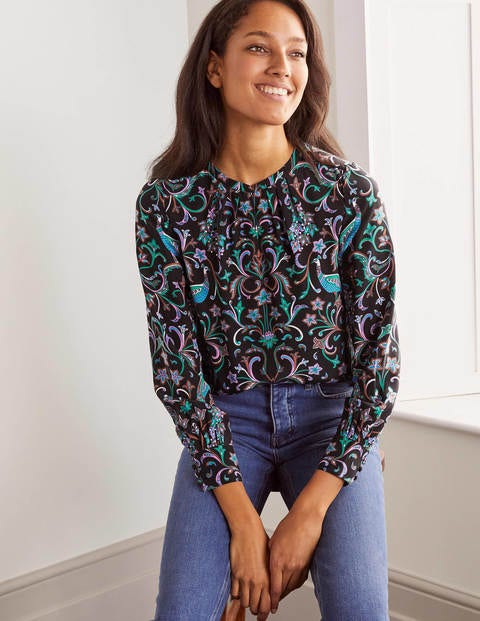 Lottie Silk Blouse - Black, Fanciful Peacock Lottie Silk Blouse - Black, Fanciful Peacock