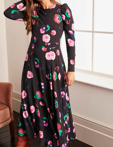 Clementine Midikleid - Schwarz, Üppige Pfingstrose Clementine Midikleid - Schwarz, Üppige Pfingstrose
