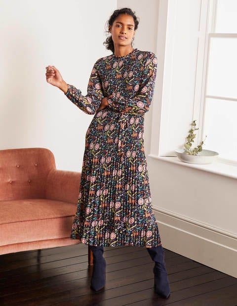 Nell Pleated Dress - Navy, Magical Garden Multi Nell Pleated Dress - Navy, Magical Garden Multi