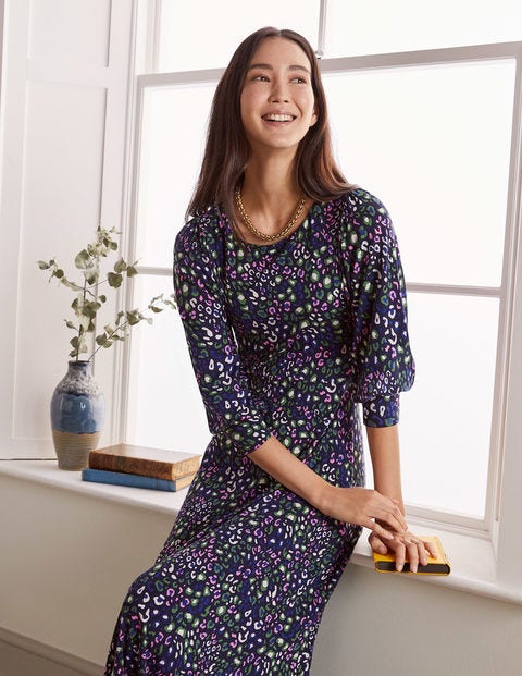 Caitlin Jersey Midi Dress - Navy Plum Blossom, Leopard Pop Caitlin Jersey Midi Dress - Navy Plum Blossom, Leopard Pop