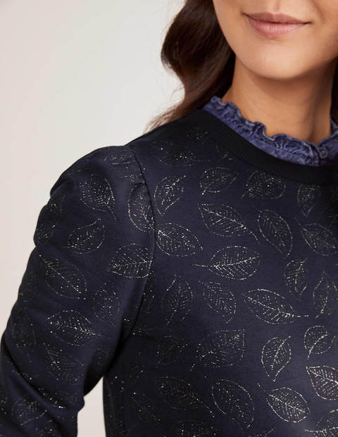 Sweat à manches bouffantes - Bleu marine, feuilles pailletées Sweat à manches bouffantes - Bleu marine, feuilles pailletées