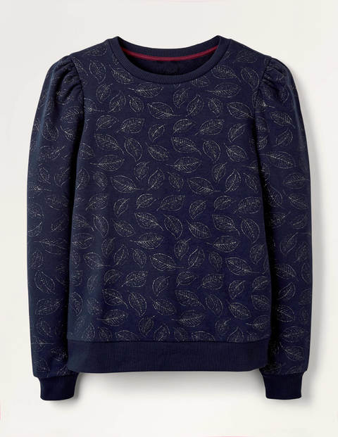 Sweat à manches bouffantes - Bleu marine, feuilles pailletées Sweat à manches bouffantes - Bleu marine, feuilles pailletées