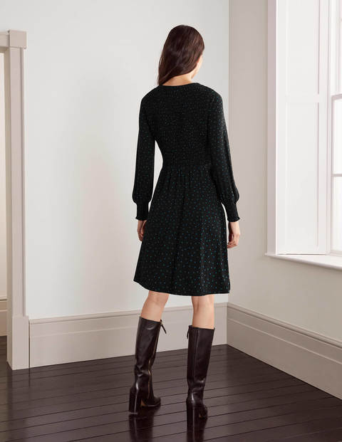 Lena Smocked Jersey Dress - Black/Drake, Polka Dot Lena Smocked Jersey Dress - Black/Drake, Polka Dot