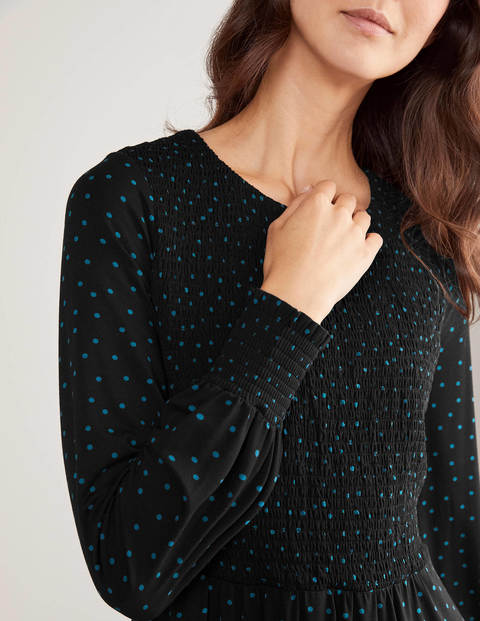 Lena Smocked Jersey Dress - Black/Drake, Polka Dot Lena Smocked Jersey Dress - Black/Drake, Polka Dot