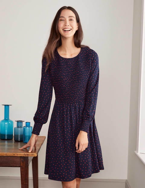 Lena Smocked Jersey Dress - Navy/Poinsettia, Polka Dot Lena Smocked Jersey Dress - Navy/Poinsettia, Polka Dot